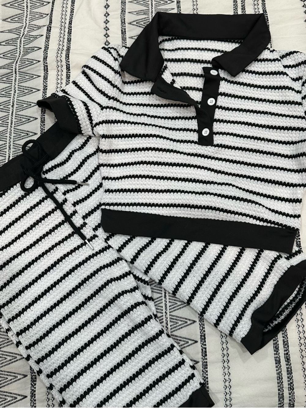 Black & White Striped Cropped Polo Top - Women
